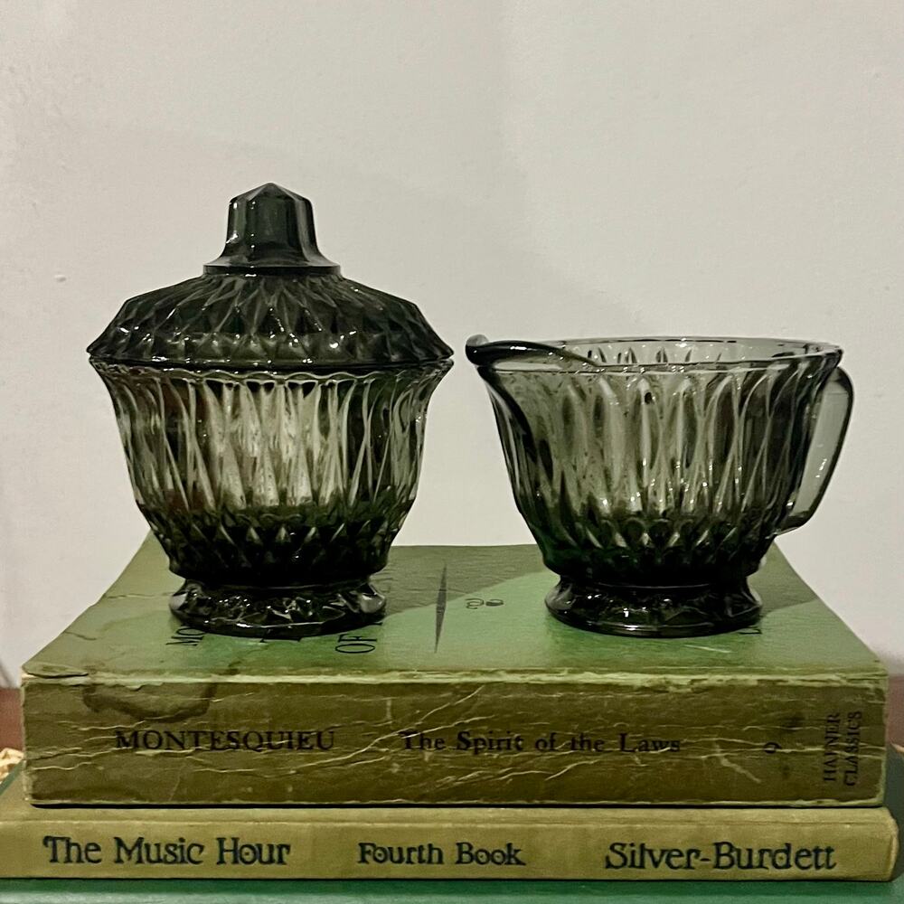 Vintage Libbey Smoke Gray Sugar and Creamer Set, MCM Pressed Glass